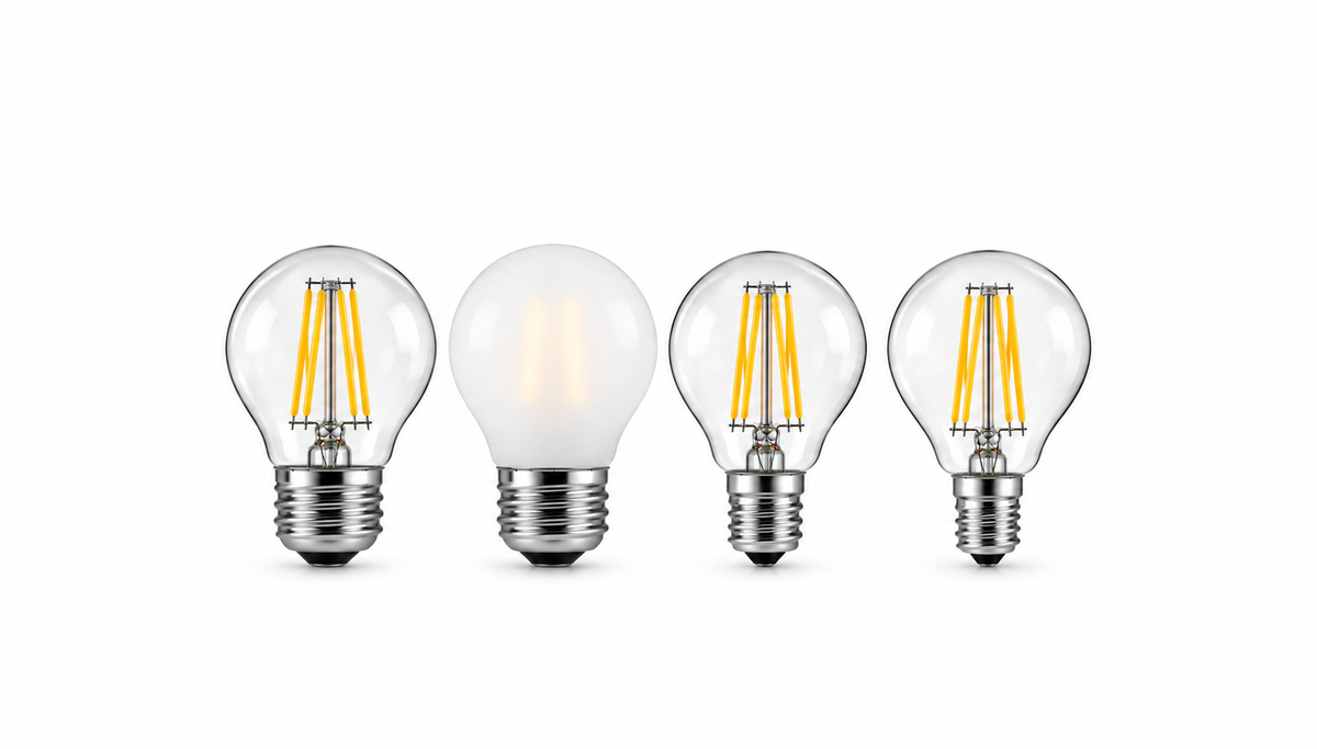A15 LED light bulbs with E26 clear and frosted bulbs, E17 clear bulb, and E12 clear bulb
