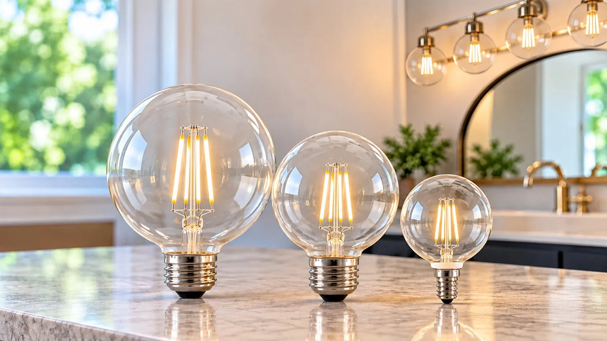 Three clear glass globe light bulbs with visible filament and metal screw bases, displayed on a marble countertop in a bright kitchen setting.