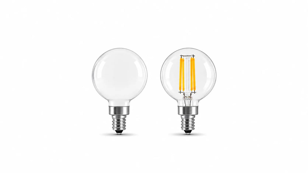Frosted And clear glass globe LED light bulbs with E12 candelabra screw bases, featuring a visible LED filament design. 