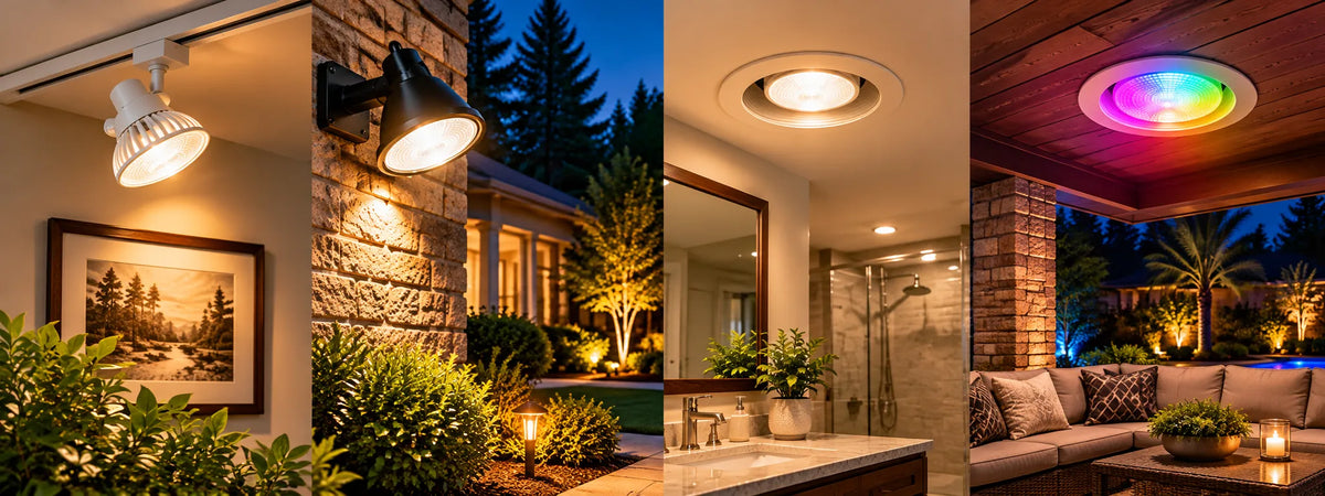 PAR38 LED light bulbs used in indoor track lighting, outdoor spotlights, recessed ceiling fixtures, and colorful patio lighting.