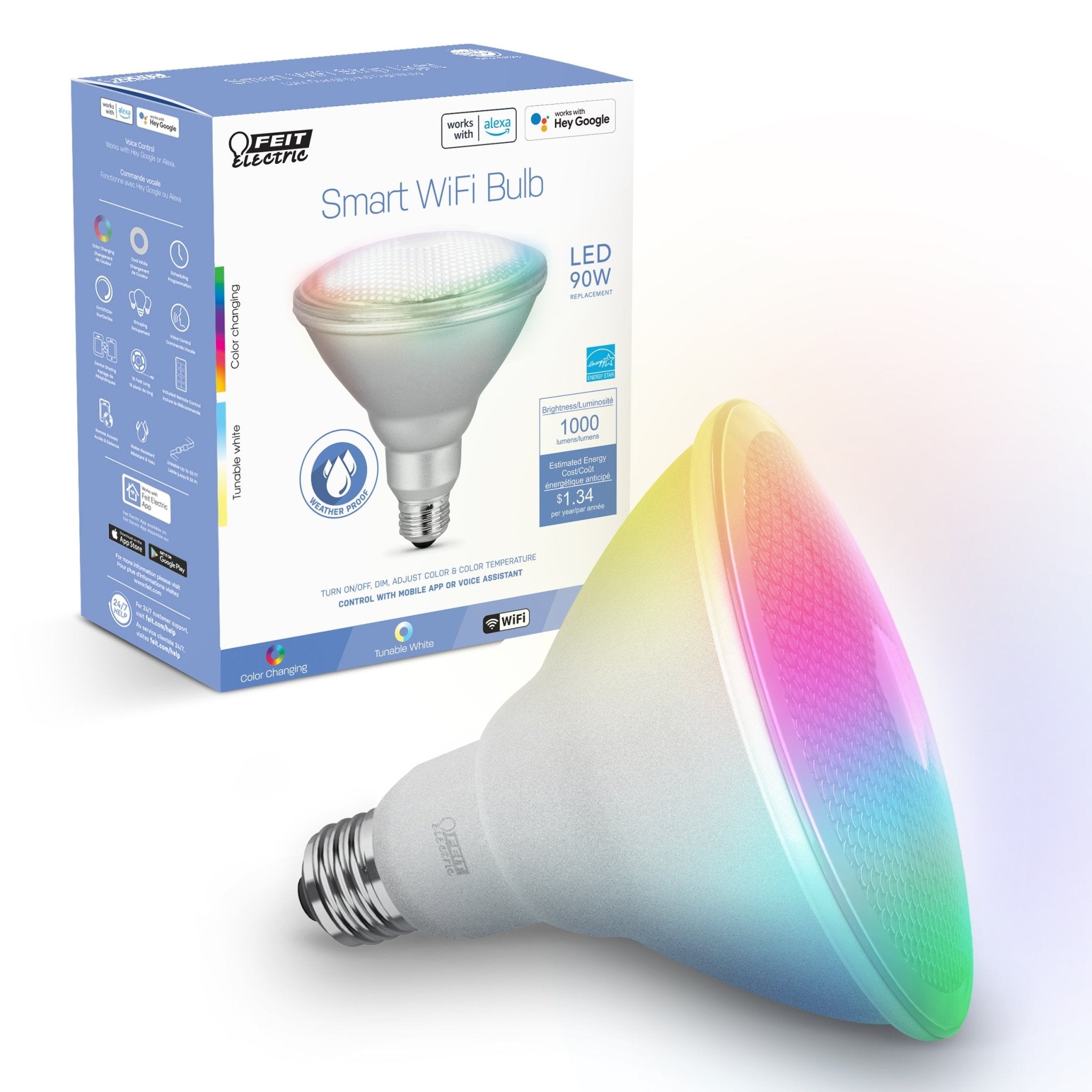 11.1W (90W Replacement) RGBW PAR38 E26 Base Dimmable Alexa Google Smart Wi - Fi Light Bulb - Worldwide Electric Supplies