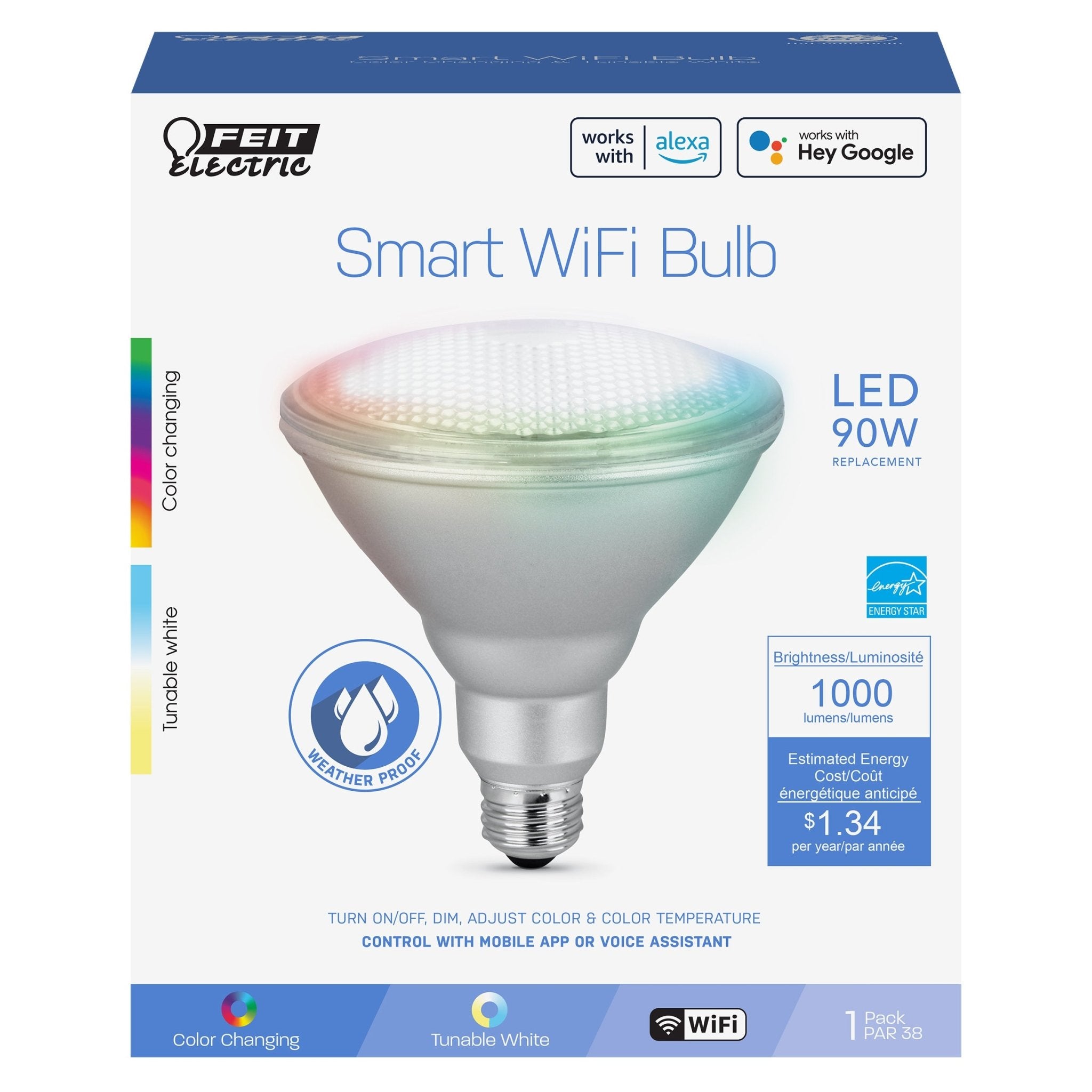 11.1W (90W Replacement) RGBW PAR38 E26 Base Dimmable Alexa Google Smart Wi - Fi Light Bulb - Worldwide Electric Supplies