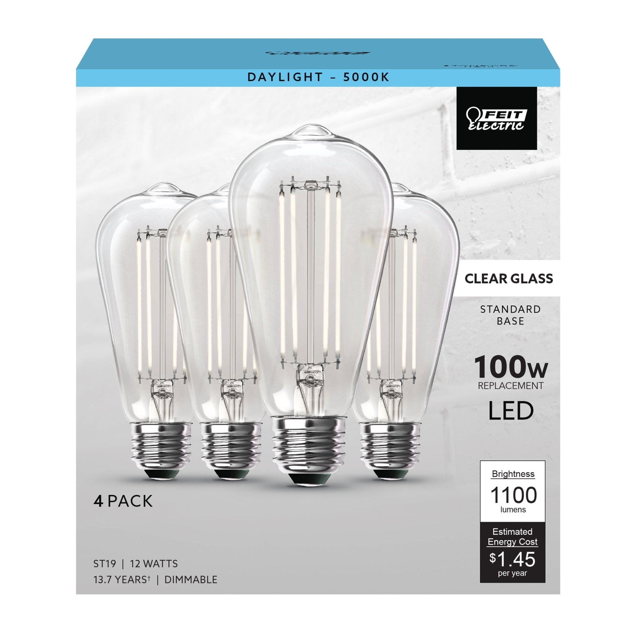 12W (100W Replacement) ST19 E26 Dimmable Straight Filament Clear Glass Vintage Edison LED Light Bulb, Daylight (4 - Pack) - Worldwide Electric Supplies