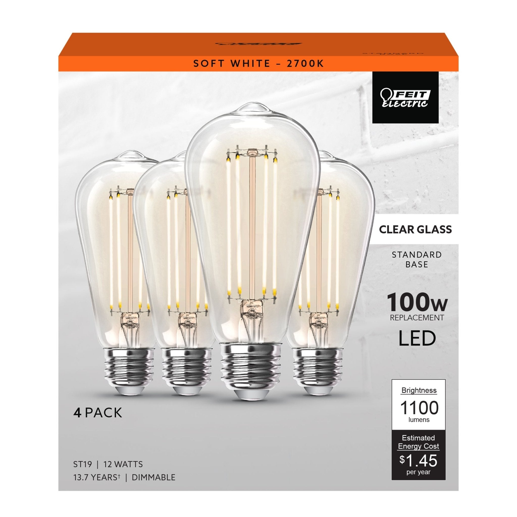 12W (100W Replacement) ST19 E26 Dimmable Straight Filament Clear Glass Vintage Edison LED Light Bulb, Soft White (4 - Pack) - Worldwide Electric Supplies