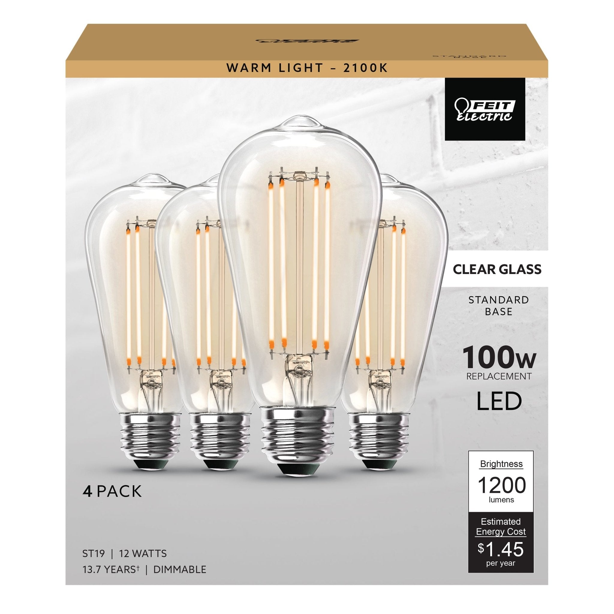 12W (100W Replacement) ST19 E26 Dimmable Straight Filament Clear Glass Vintage Edison LED Light Bulb, Warm Light (4 - Pack) - Worldwide Electric Supplies