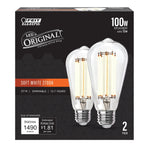 Package of 100 Watt Replacement Soft White E26 ST19 Dimmable Vintage Edison LED Light Bulb 2 Pack on a white background