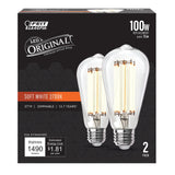 Package of 100 Watt Replacement Soft White E26 ST19 Dimmable Vintage Edison LED Light Bulb 2 Pack on a white background
