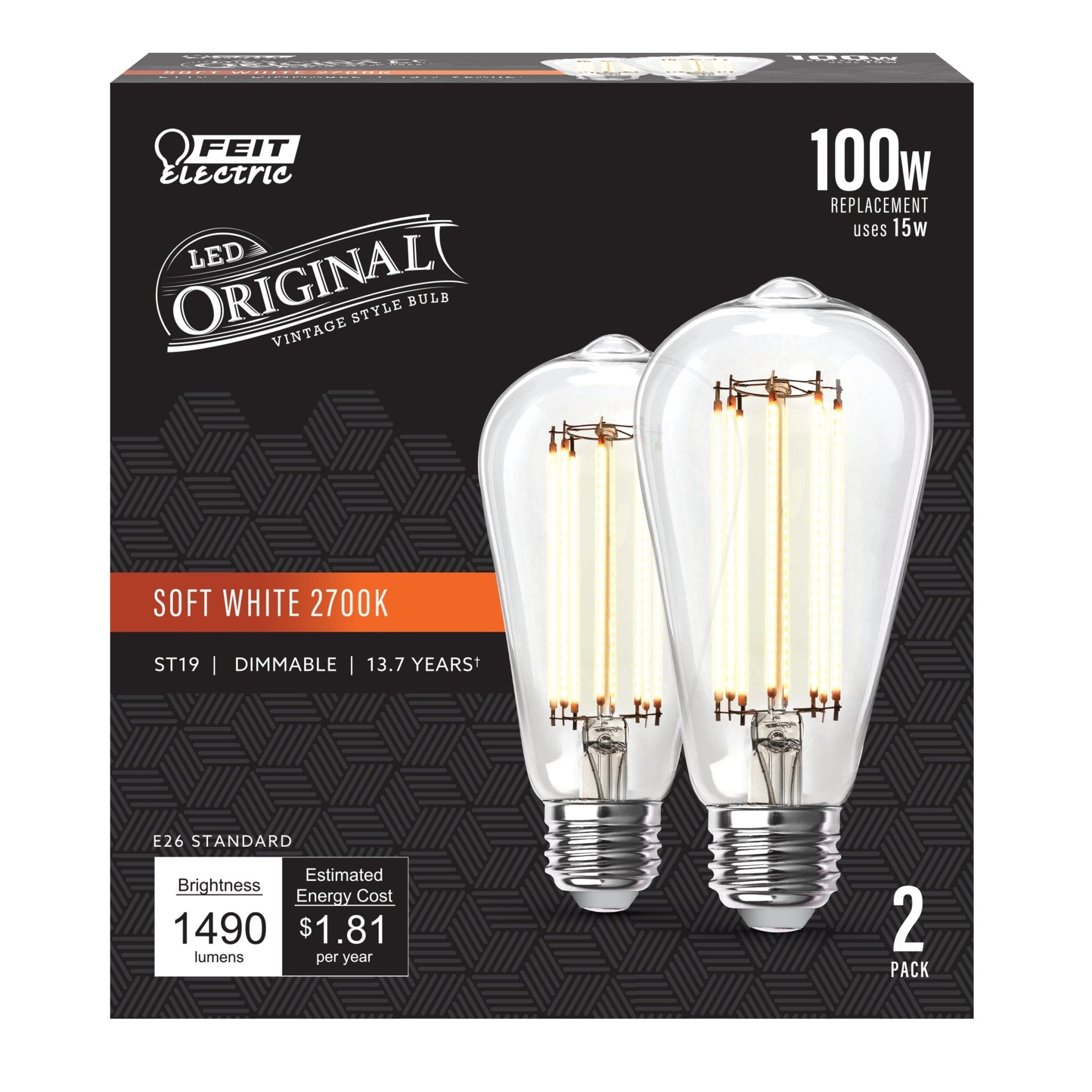 15W (100W Replacement) ST19 E26 Dimmable Straight Filament Clear Glass Original Vintage Edison LED Light Bulb, Soft White (2 - Pack) - Worldwide Electric Supplies
