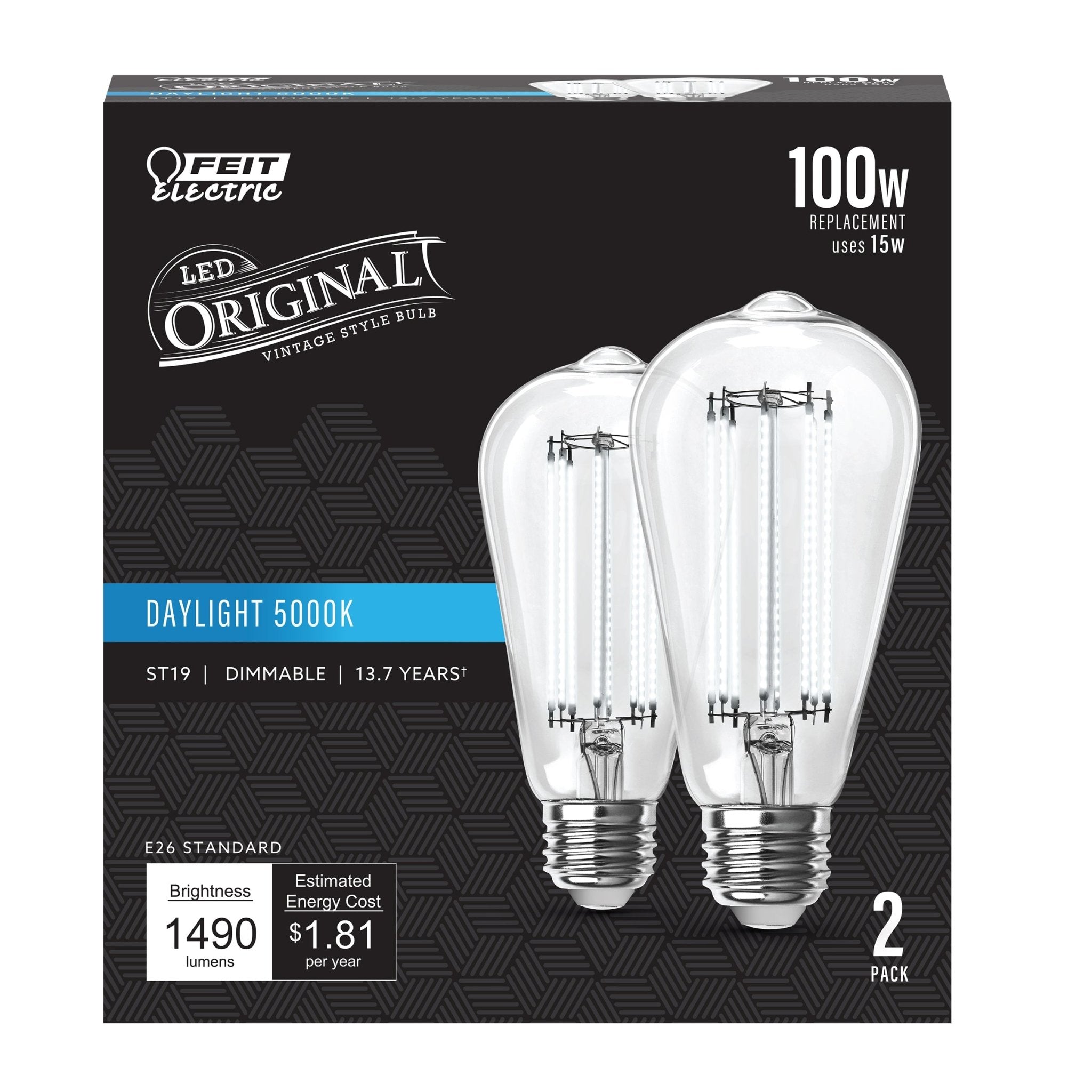 15W (100W Replacement) ST19 E26 Dimmable Straight Filament Clear Glass Vintage Edison LED Light Bulb, Daylight (2 - Pack) - Worldwide Electric Supplies