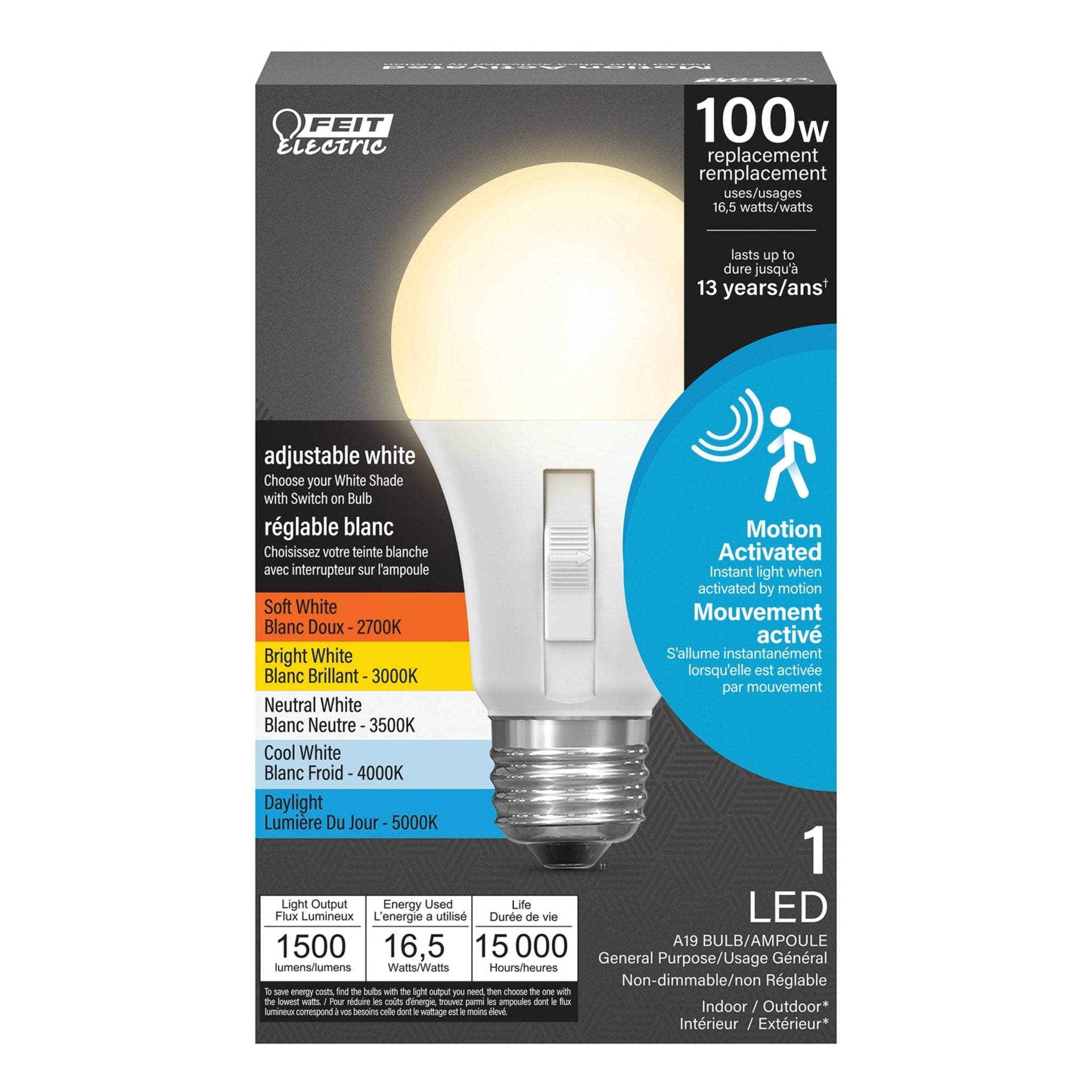 16.5W (100W Replacement) Adjustable White E26 Base Non - Dimmable Motion Sensor LED Bulb - Worldwide Electric Supplies