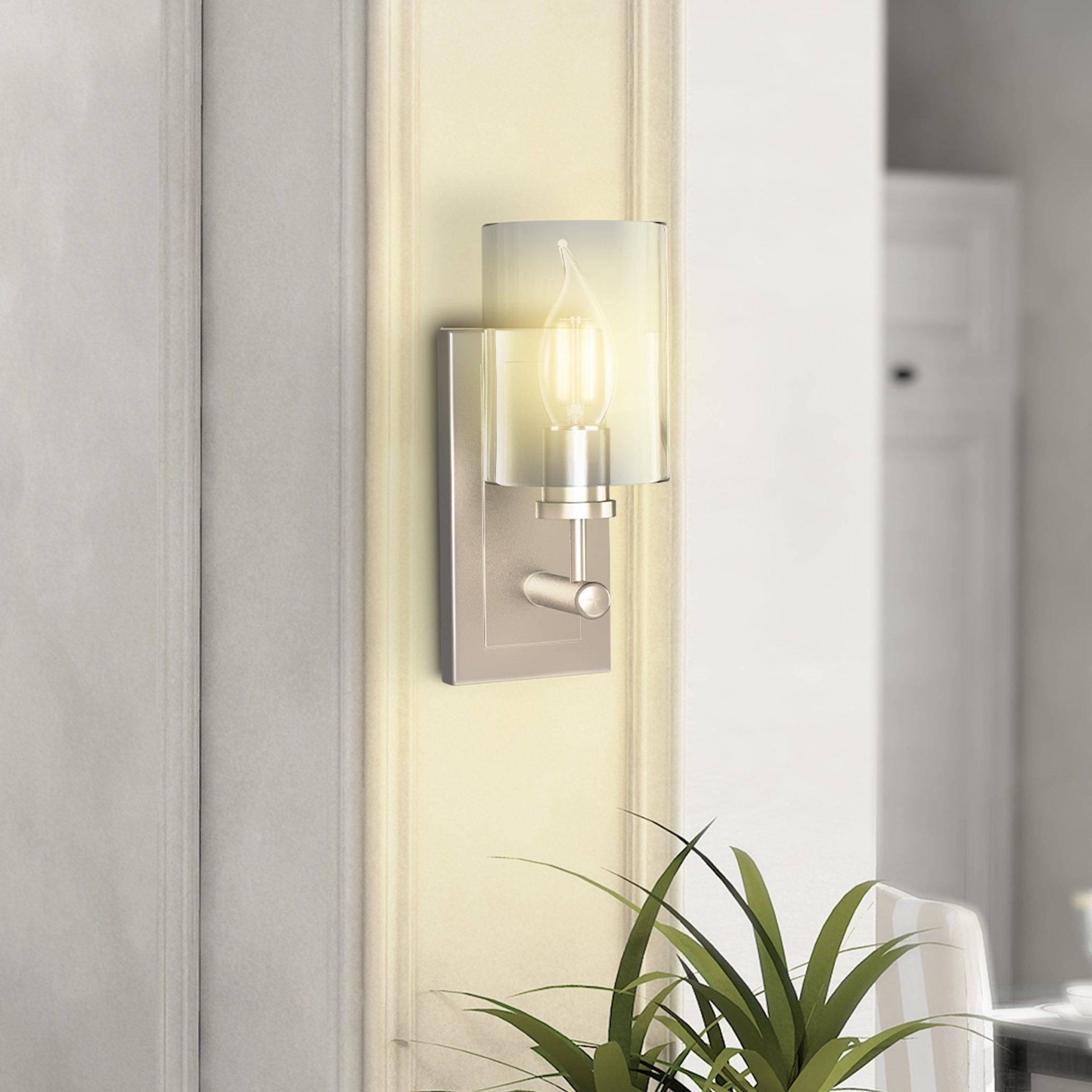 Modern wall sconce with glass shade on a neutral wall with a plant in the foreground.