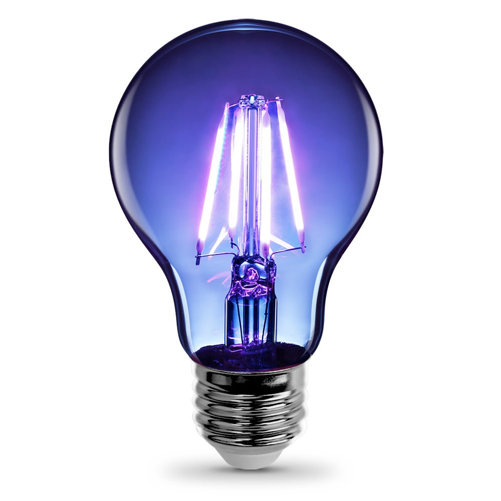 Blue LED light bulb on a white background