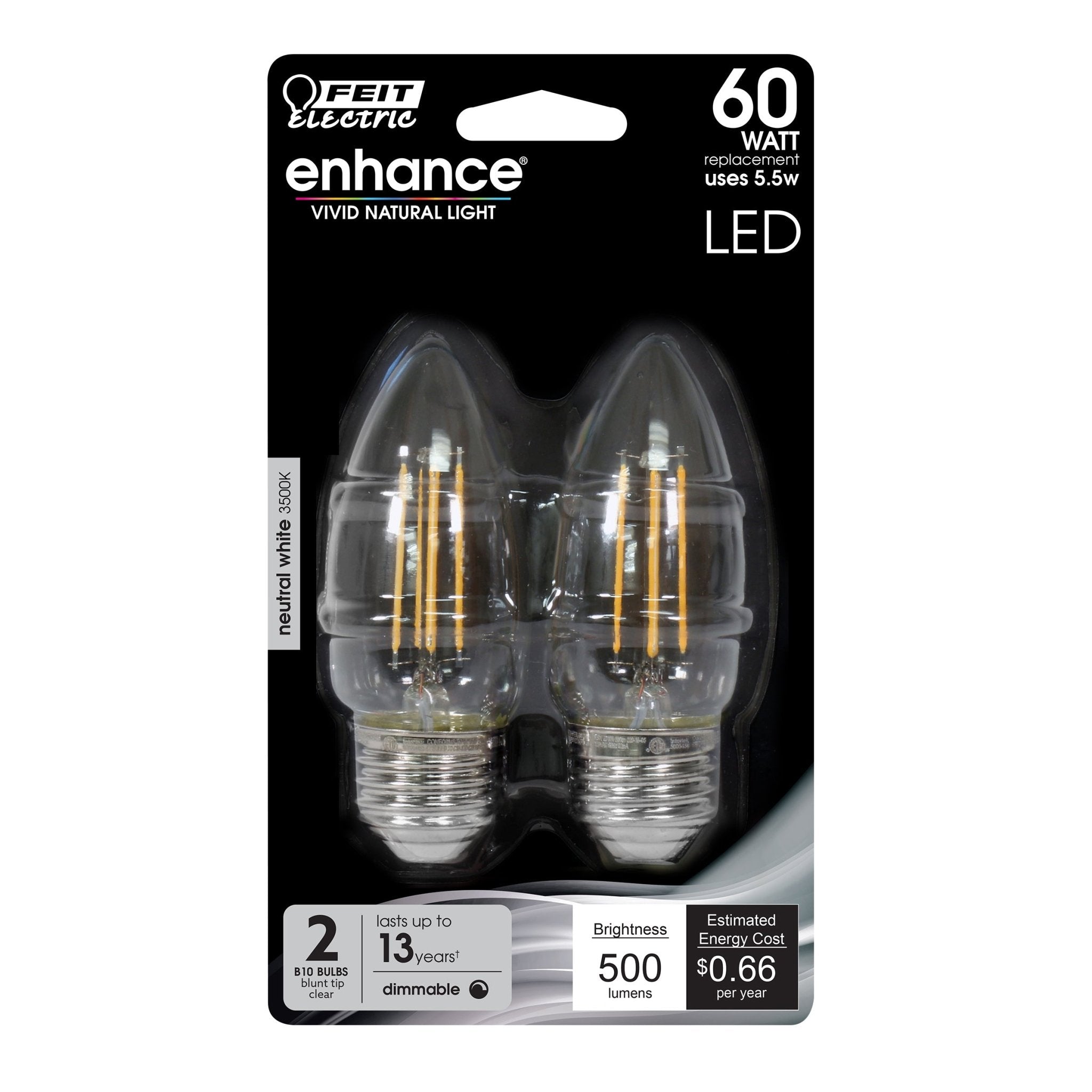 5.5W (60W Replacement) Neutral White (3500K) Clear B10 Torpedo Tip Dimmable LED Enhance Glass Filament Light Bulb (2 - Pack) - Worldwide Electric Supplies
