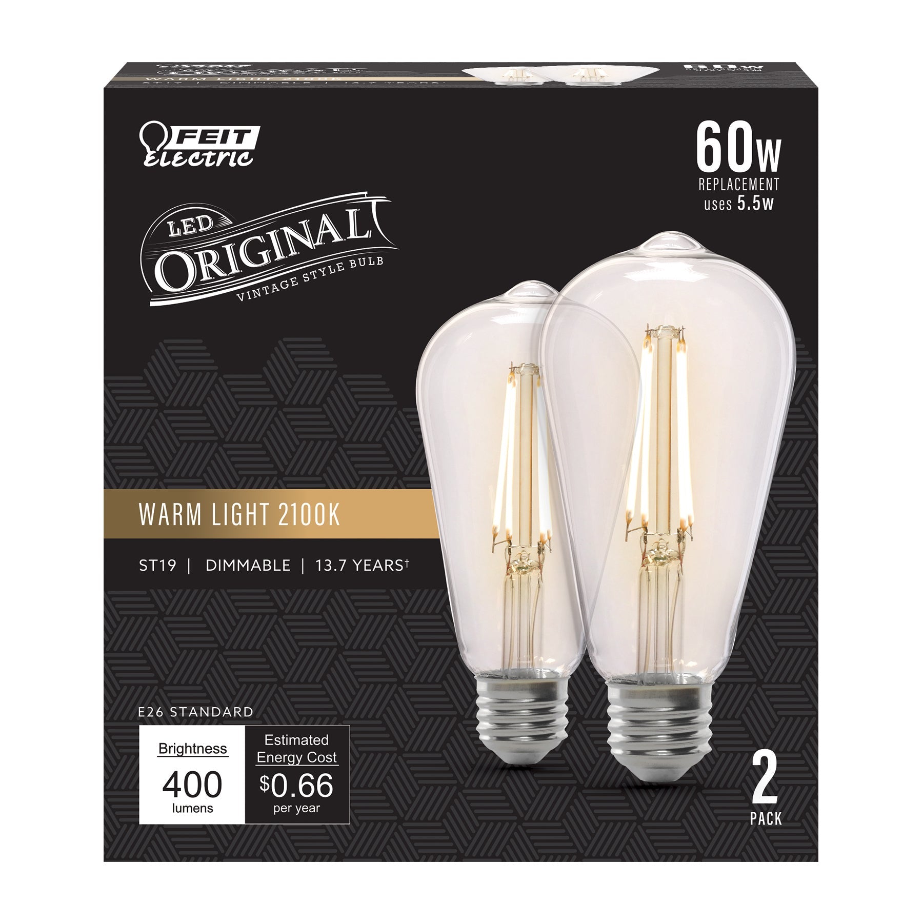 5.5W (60W Replacement) ST19 E26 Dimmable Straight Filament Clear Glass Vintage Edison LED Light Bulb, Warm Light - Worldwide Electric Supplies