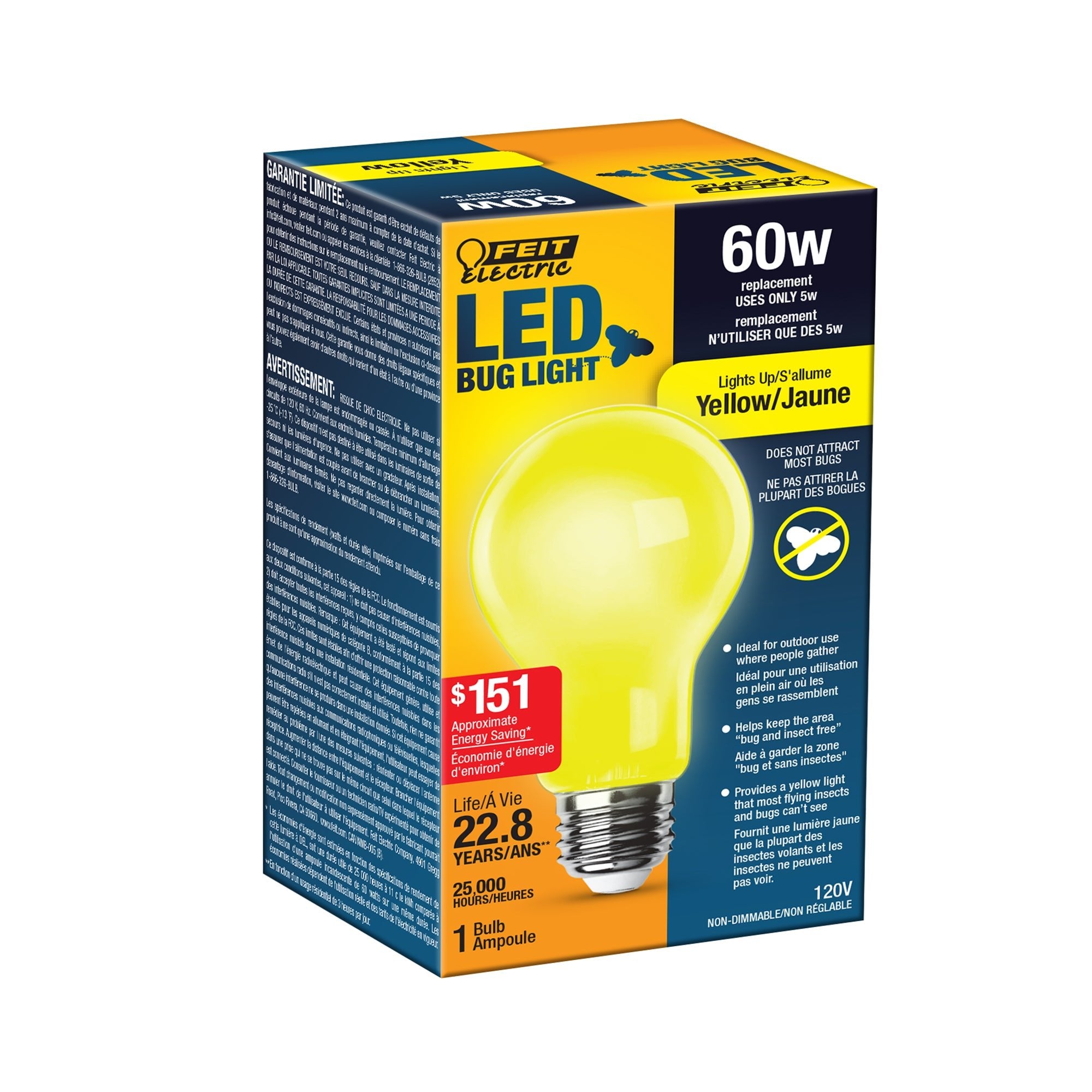 5W (60W Equivalent) A19 E26 Base Yellow LED Bug Light - Worldwide Electric Supplies