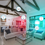 Modern living room with smart home technology icons overlayed