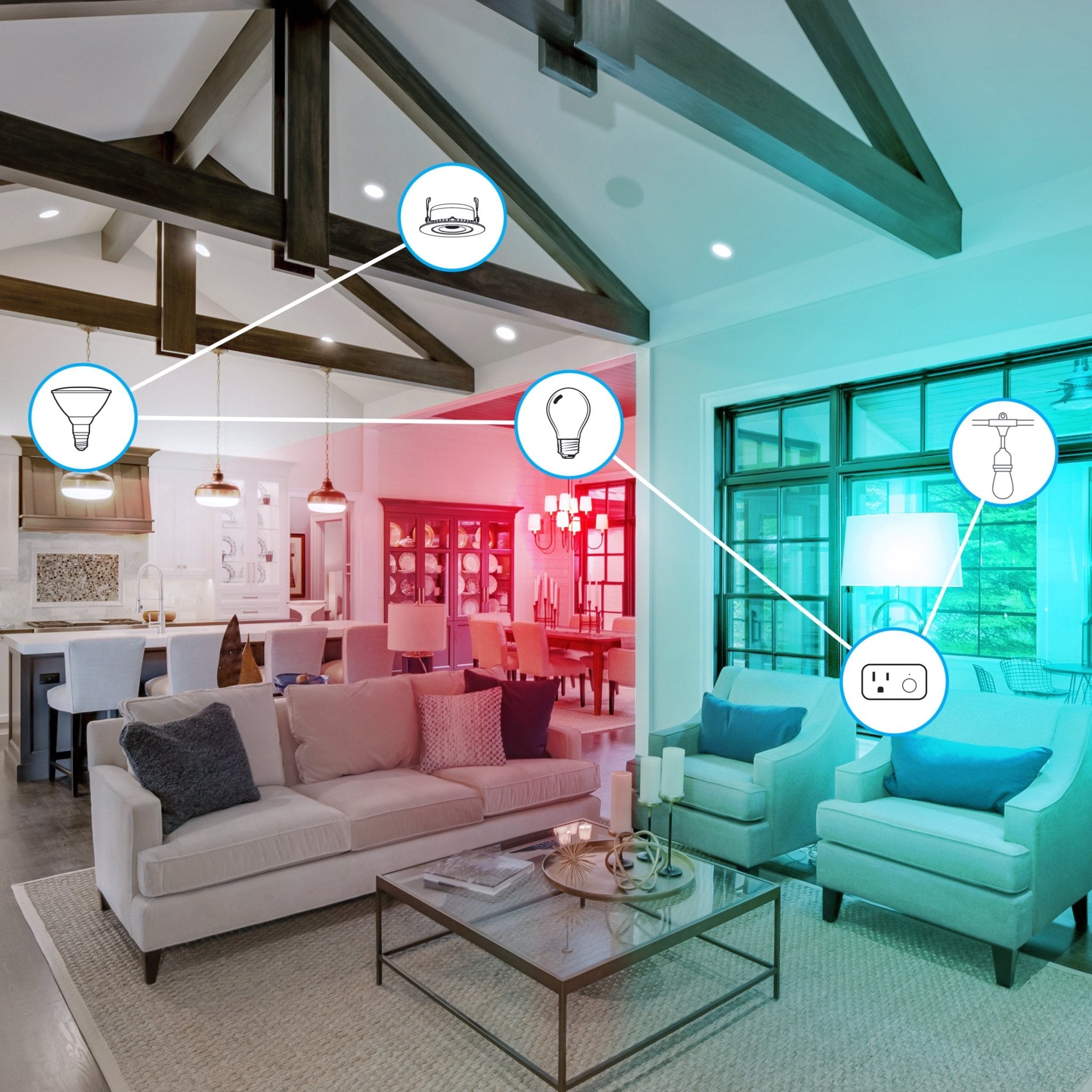 Modern living room with smart home technology icons overlayed