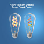 Two vintage-style light bulbs with colorful filaments on a blue background, featuring text about new filament design.