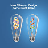 Two vintage-style light bulbs with colorful filaments on a blue background, featuring text about new filament design.