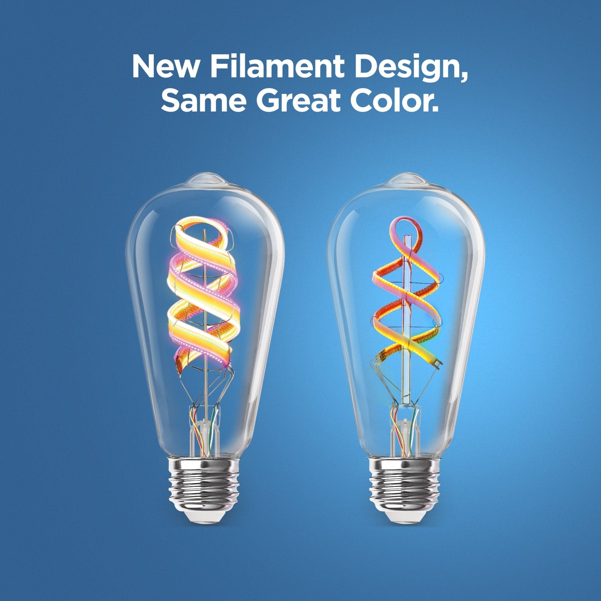 Two vintage-style light bulbs with colorful filaments on a blue background, featuring text about new filament design.