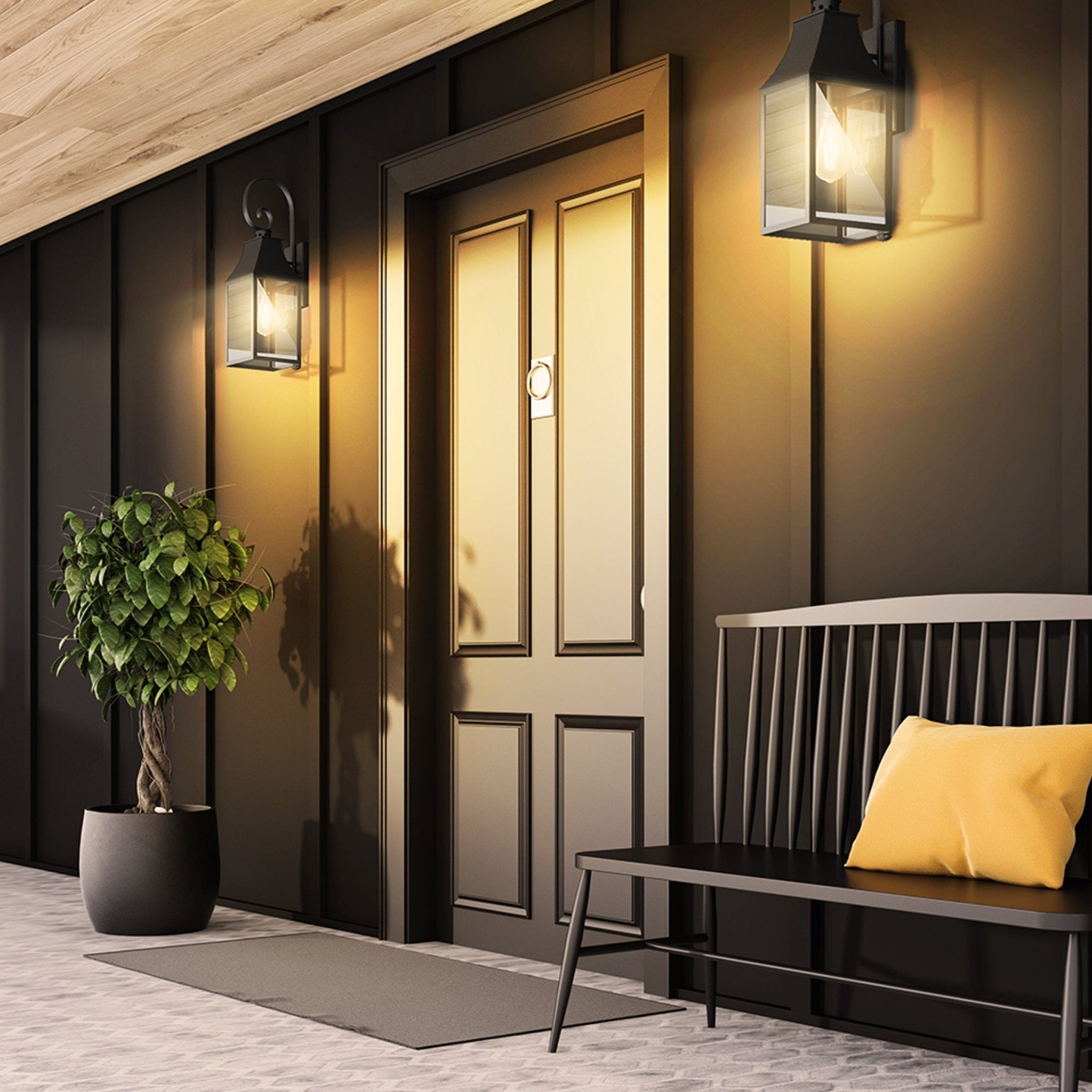 Modern front door with a bench, plant, and wall lights in a well-lit entrance.