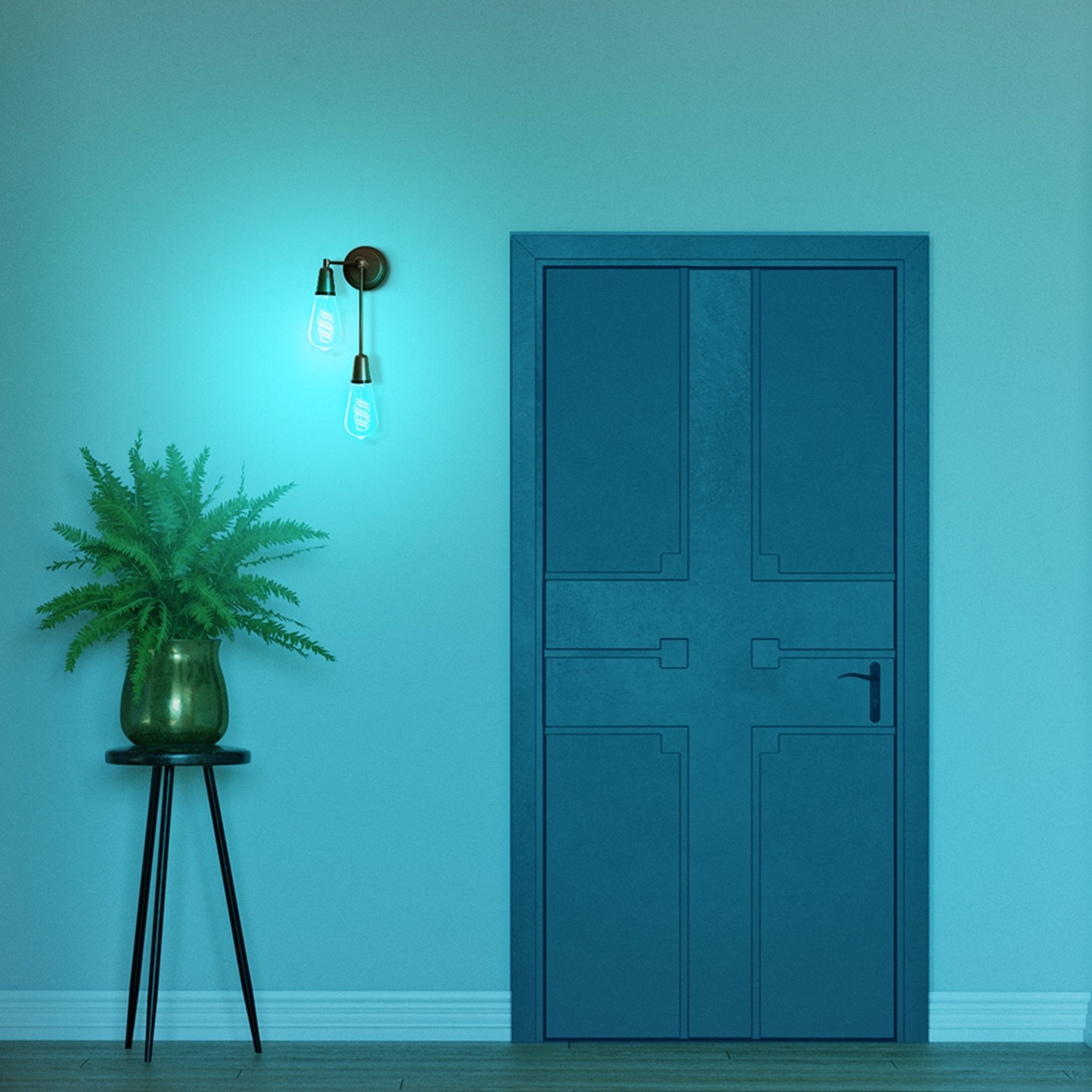 Blue door with a plant on a stand against a blue wall