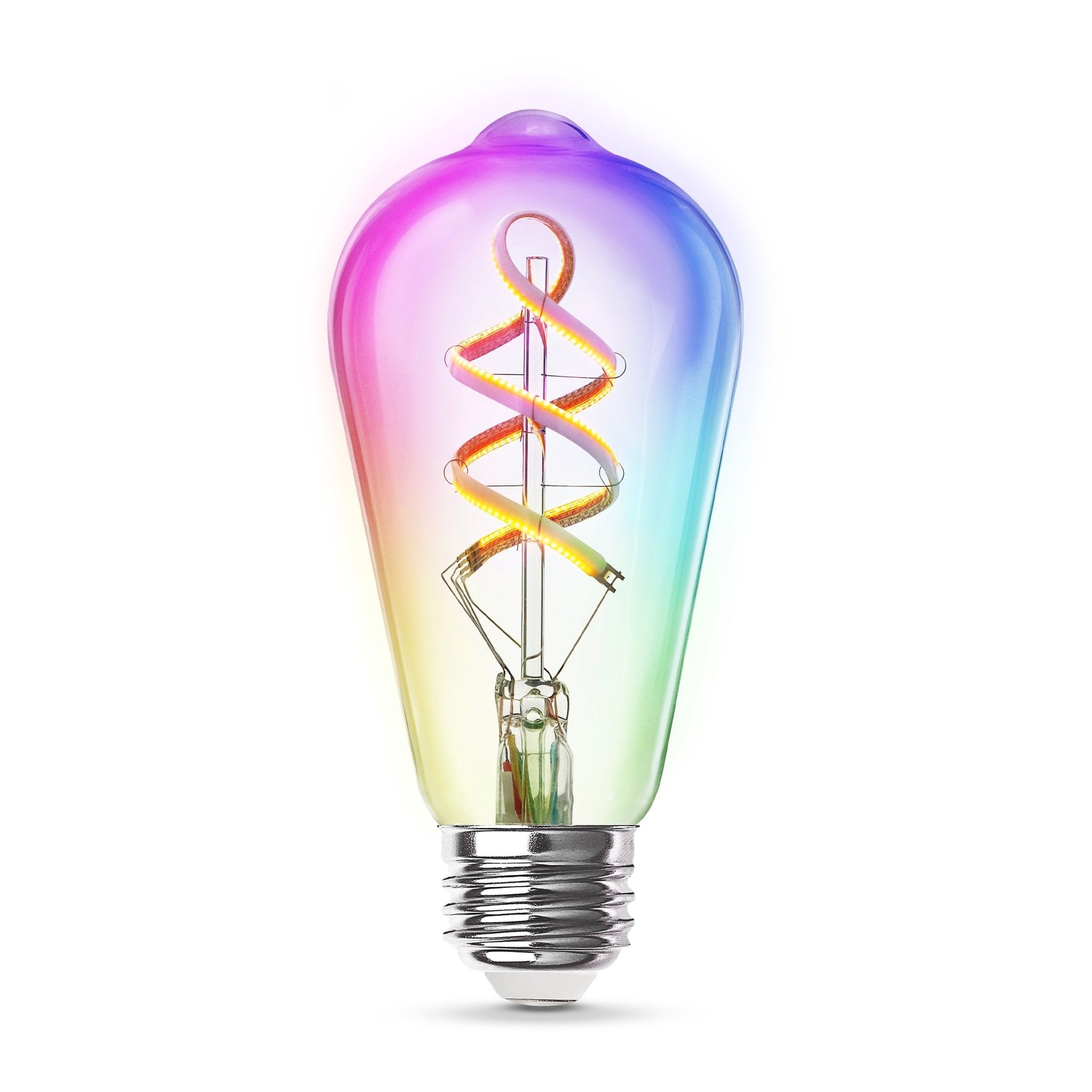 Colorful light bulb with a spiral filament on a white background