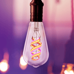 Decorative light bulb with colorful filament against a blurred background