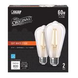 8.8W (60W Replacement) ST19 E26 Dimmable Straight Filament Clear Glass Vintage Edison LED Light Bulb, Soft White (2 - Pack) - Worldwide Electric Supplies