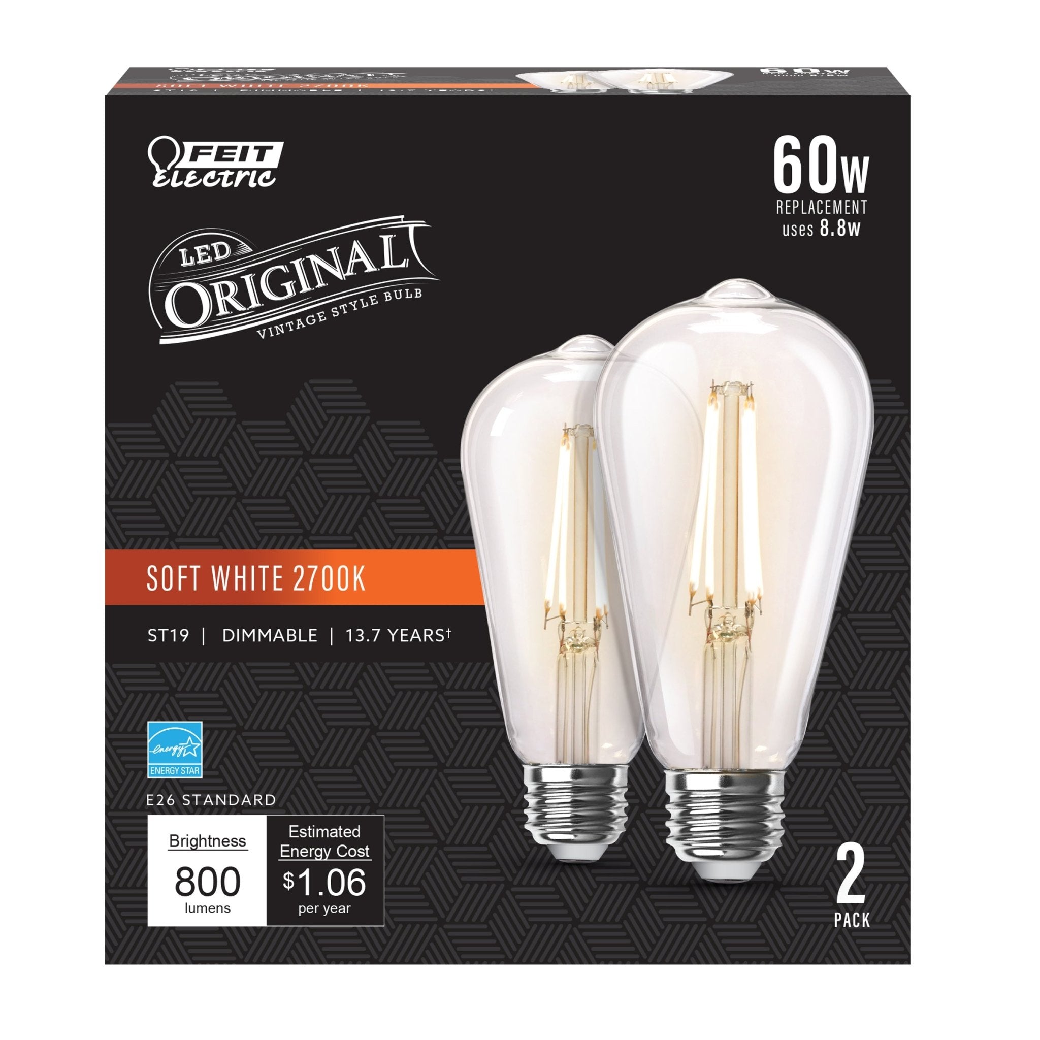 8.8W (60W Replacement) ST19 E26 Dimmable Straight Filament Clear Glass Vintage Edison LED Light Bulb, Soft White (2 - Pack) - Worldwide Electric Supplies