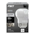 Feit Electric A19 LED Bulb 100 Watt Replacement Neutral White 3500K E26 Base Dimmable 4 Pack. Package on a white background 