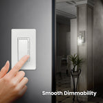 A close-up of a hand pressing a white wall dimmer switch on a gray wall, with a doorway showing a softly lit interior and the text 'Smooth Dimmability' at the bottom.