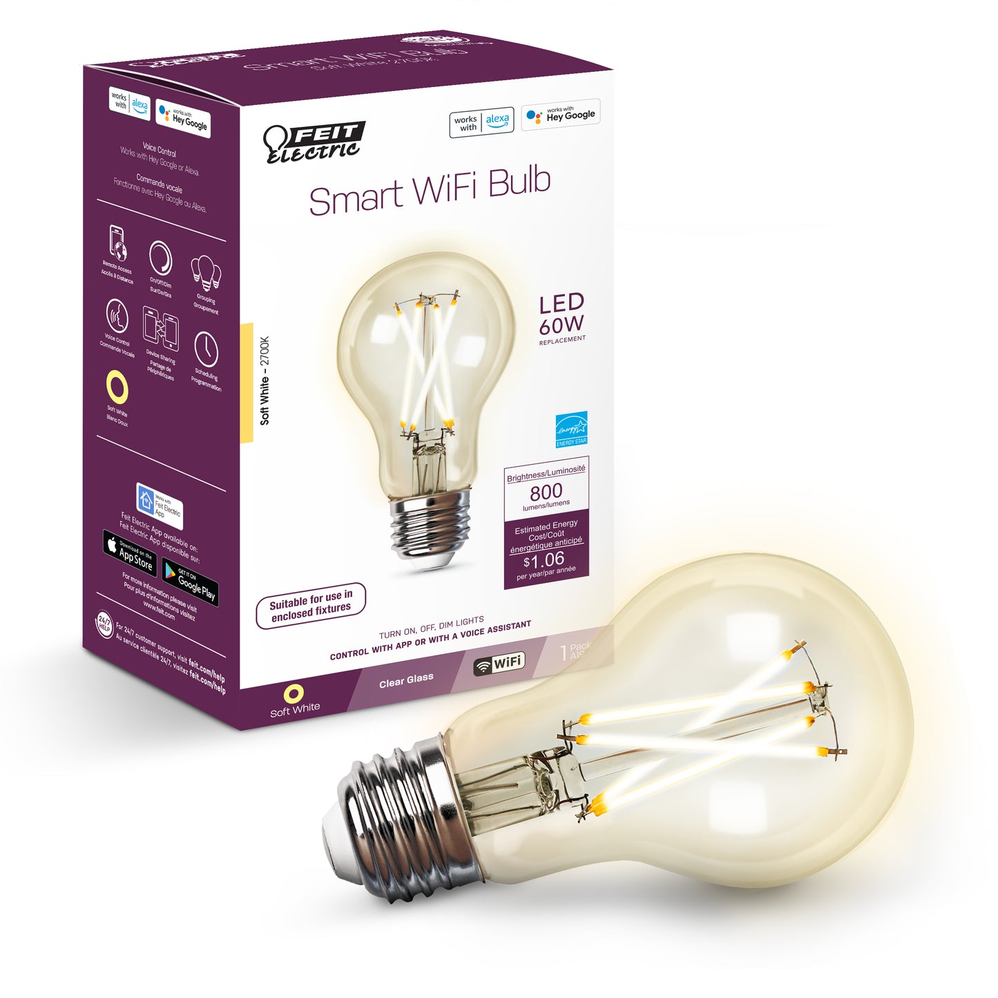 8.8W (60W Replacement) Soft White (2700K) E26 Base Vintage A19 Dimmable Filament Alexa Google Smart Bulb