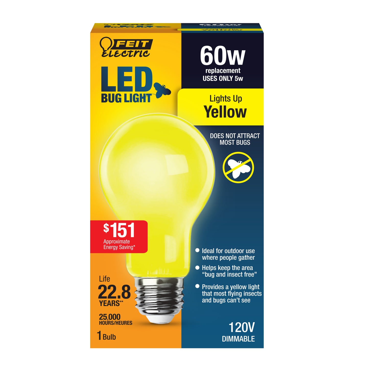 5W (60W Equivalent) A19 E26 Base Yellow LED Bug Light