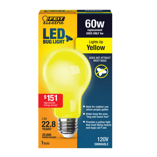 5W (60W Equivalent) A19 E26 Base Yellow LED Bug Light