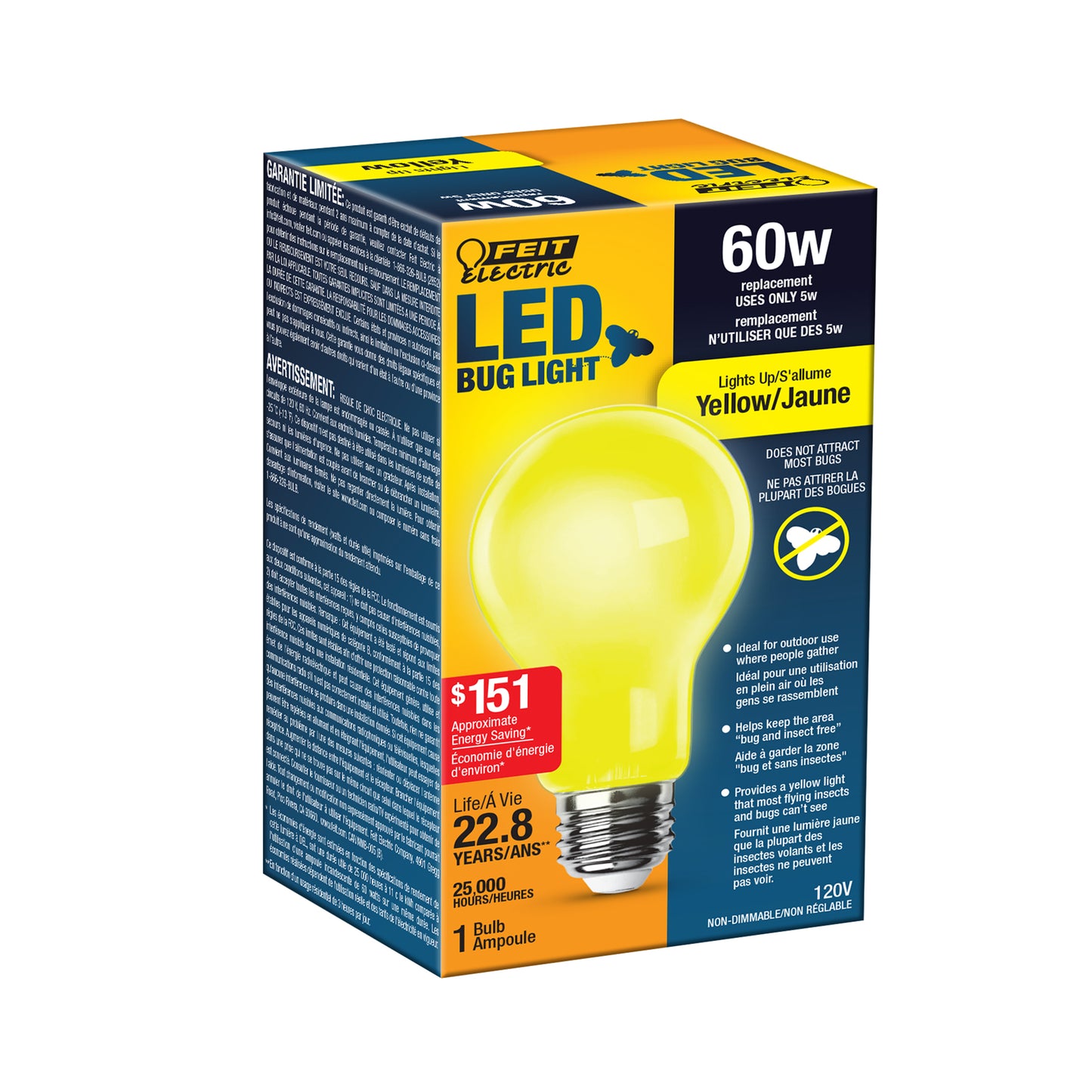 5W (60W Equivalent) A19 E26 Base Yellow LED Bug Light