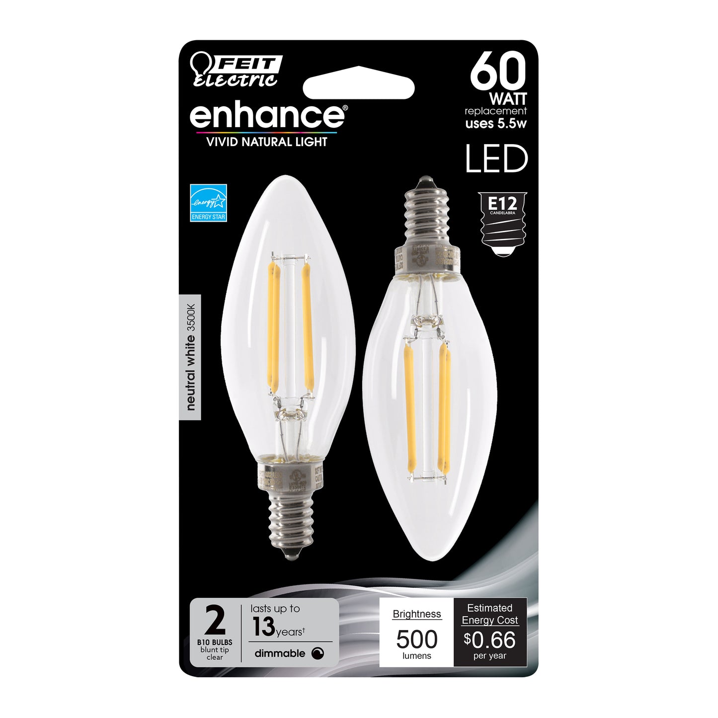 5.5W (60W Replacement) Neutral White (3500K) E12 Base B10 Dimmable Glass Filament LED (2-Pack)