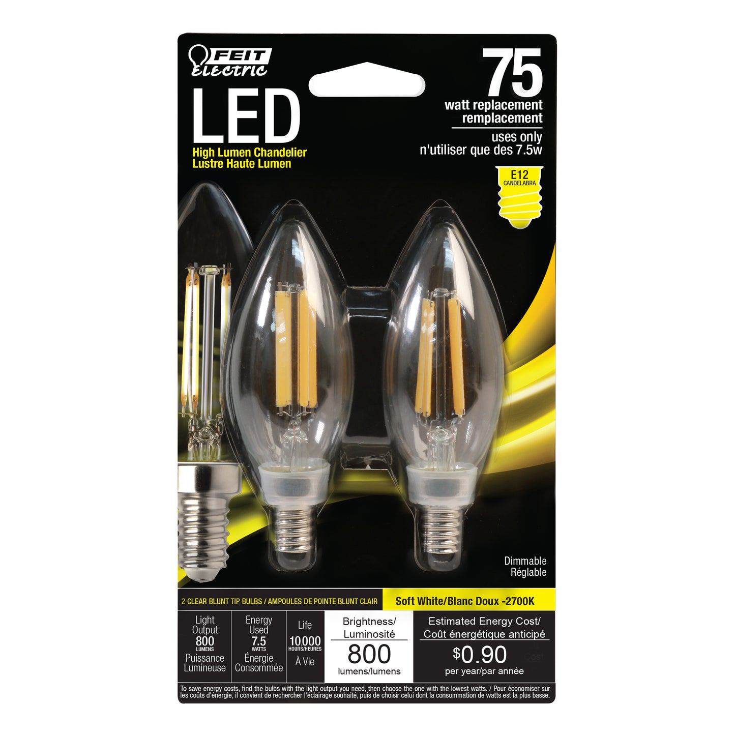 7.5 (75W Replacement) Clear B10 Dimmable Soft White Decorative LED (2-Pack)