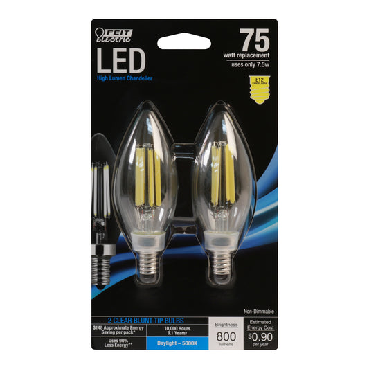 7.5 (75W Replacement) Clear B10 Daylight Decorative LED Filament (2-Pack)