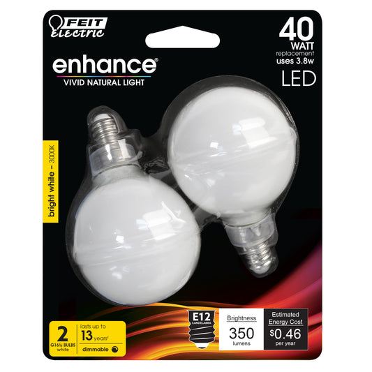 3.8W (40W Replacement) Bright White (3000K) G16 1/2Frost Filament LED Bulb (2-Pack)