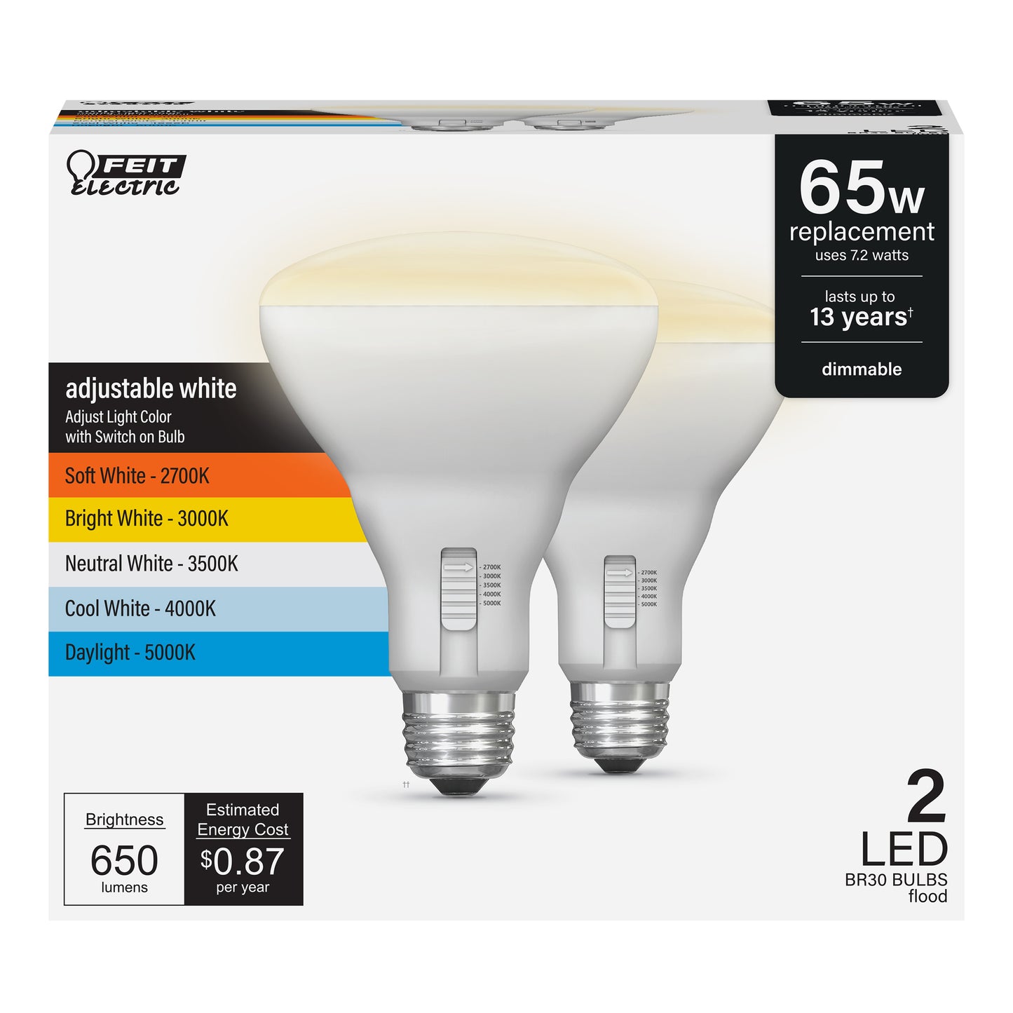 7.2W (65W Replacement) Adjustable White E26 Base Dimmable BR30 Shape LED Bulb (2-Pack)