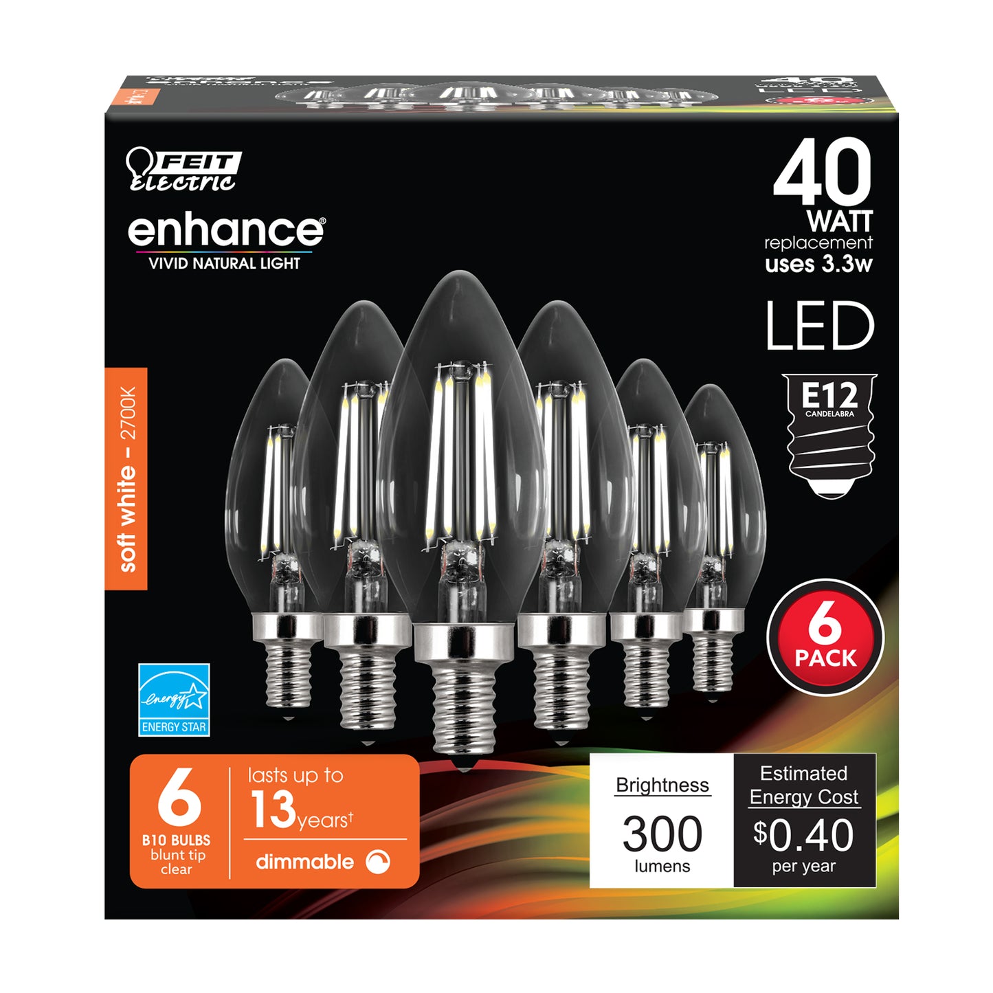 3.3W (40W Replacement) Soft White (2700K) Clear B10 Dimmable Decorative Enhance (6-Pack)