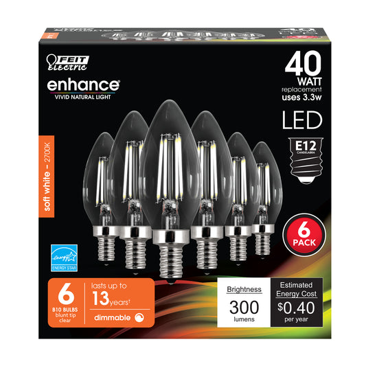 3.3W (40W Replacement) Soft White (2700K) Clear B10 Dimmable Decorative Enhance (6-Pack)