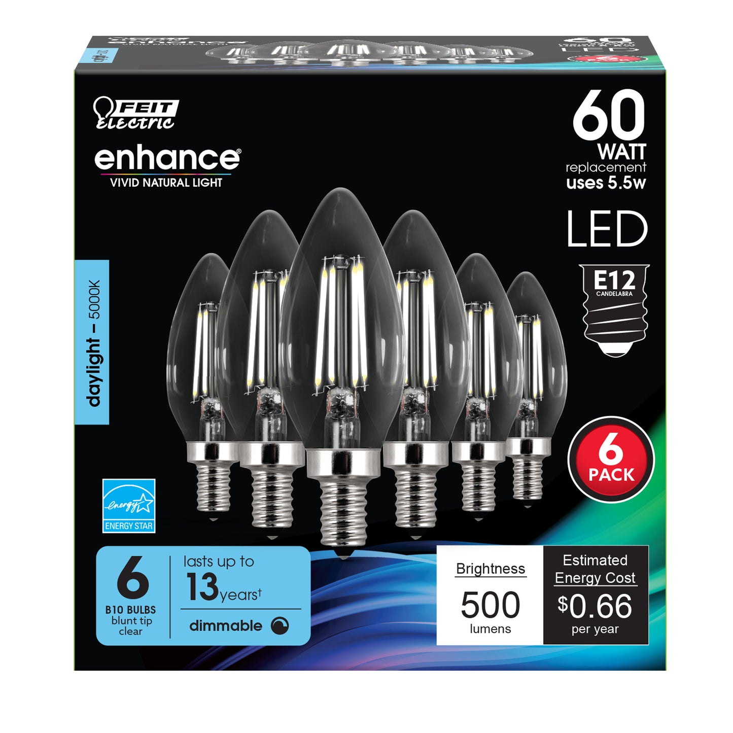 5.5W (60W Replacement) Clear B10 Dimmable Daylight Decorative LED Filament (6-Pack)