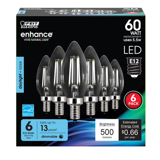 5.5W (60W Replacement) Clear B10 Dimmable Daylight Decorative LED Filament (6-Pack)