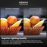 Comparison of Feit Electric enhance bulbs vs conventional LEDs with a basket of fruit.