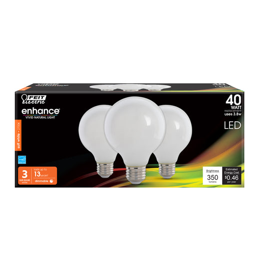 3.8W (40W Replacement) G25 Soft White Dimmable White Enhance Glass Filament Globe LED (3-Pack)