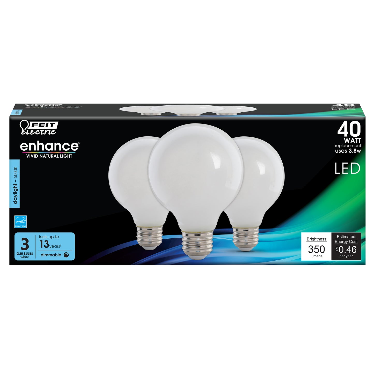 3.8W (40W Replacement) G25 Daylight Dimmable White Enhance Glass Filament Globe LED (3-Pack)