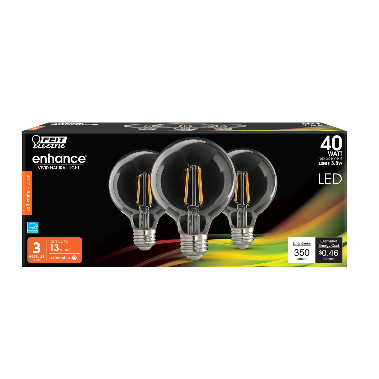 3.8W (40W Replacement) G25 Soft White Dimmable Enhance Glass Filament Globe LED (3-Pack)