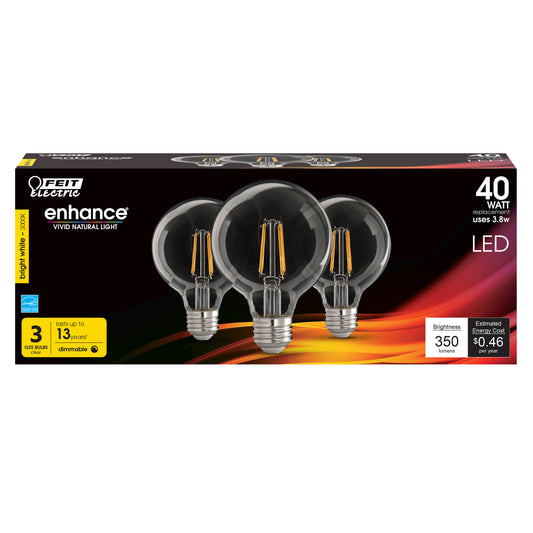 3.8W (40W Replacement) Bright White (3000K) E26 Base G25 Filament LED Bulb (3-Pack)